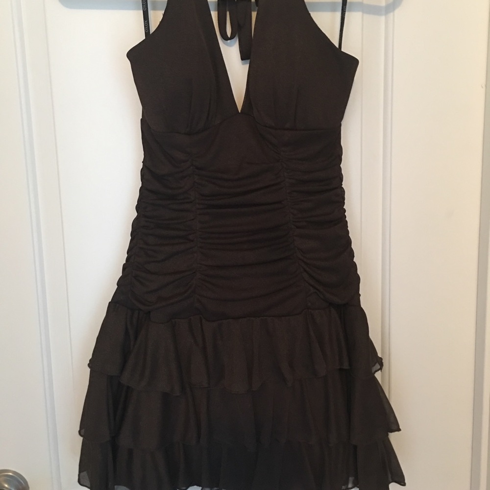 XOXO halter brown/gold sparkle rouched mini dress
